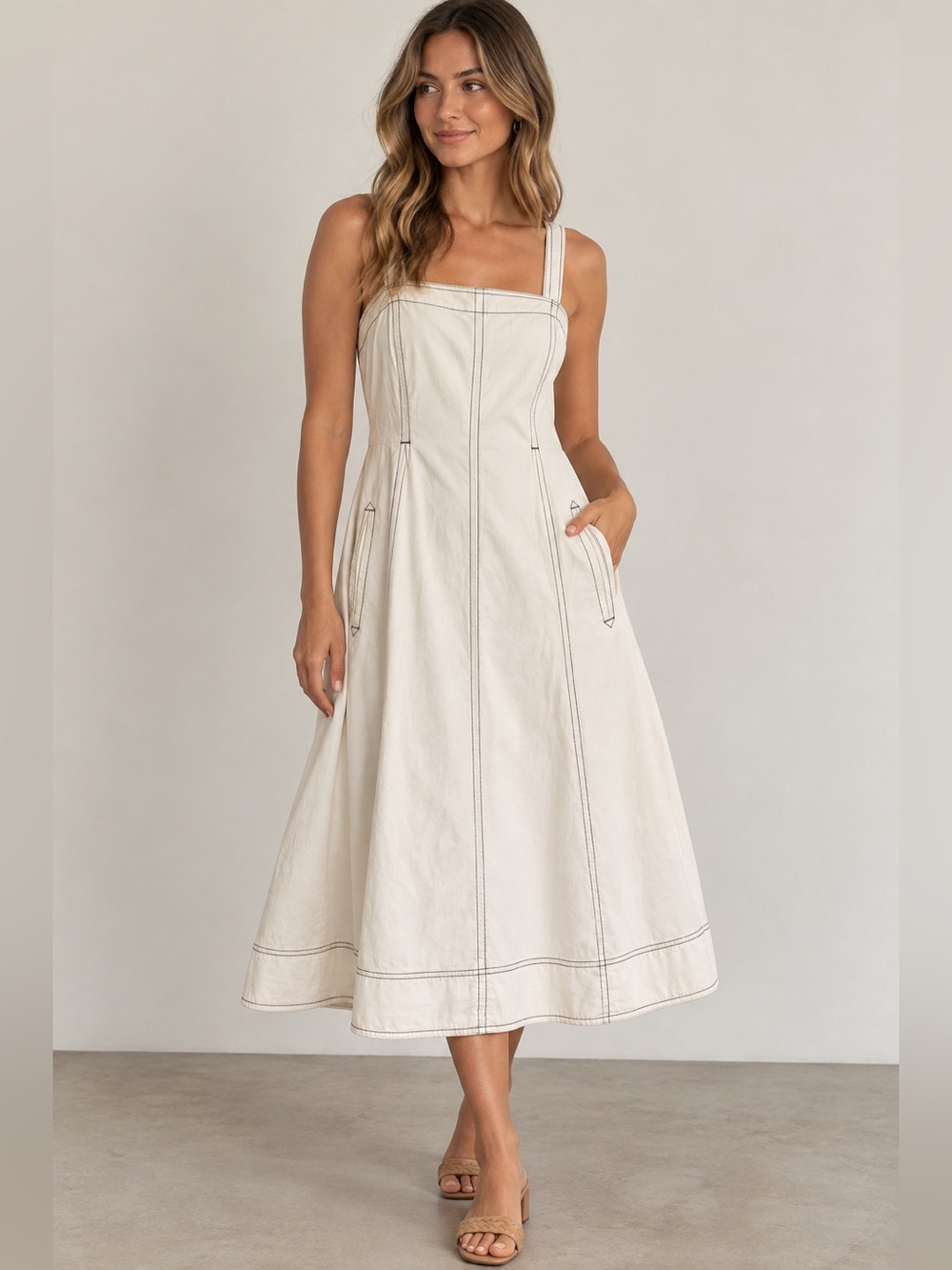 Anthropologie Cream Midi Dress with Contrast Stitching